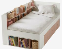 Lit plateforme enfant avec rangements BASEO – blanc/rose